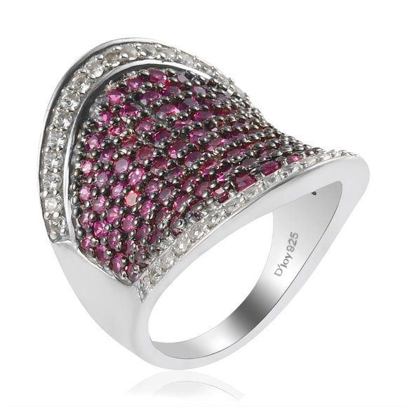 Orissa Rhodolite Garnet & Natural White Zircon Concave Cluster Ring 925 E468 - Picture 5 of 9